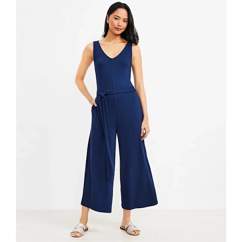 Ann Taylor Lou & Grey Dark Blue Sleeveless Double V Wide Leg Jumpsuit size Small
